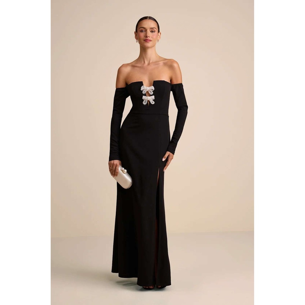 Lulus Lawton Black Off-the-Shoulder Notched Bow Maxi Dress Size XS